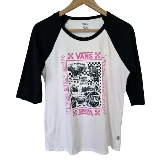 VANS Baseball Style Raglan Long Sleeve Tee White / Black / Pink Graphic Size M - Picture 2 of 14